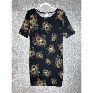 Lularoe Julia Bodycon Dress Womens Sz Large Dark Floral‎ Black Yellow Stretch